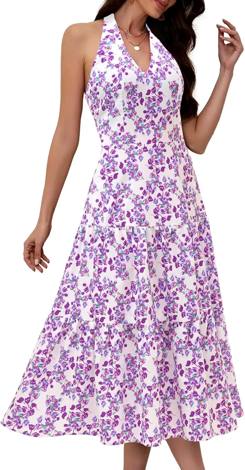 DRESSTELLS Women's Summer Floral Dresses Maxi Boho Casual Halter Neck Spring Vintage Flowy Beach Long Sundress