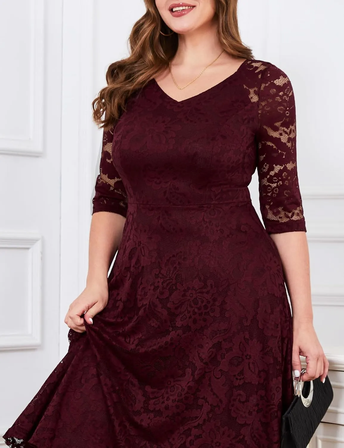 Dressystar Womens Long-Sleeve Wedding Guest Dress A-Line Lace Formal Party Cocktail Midi Dress Prom Gown
