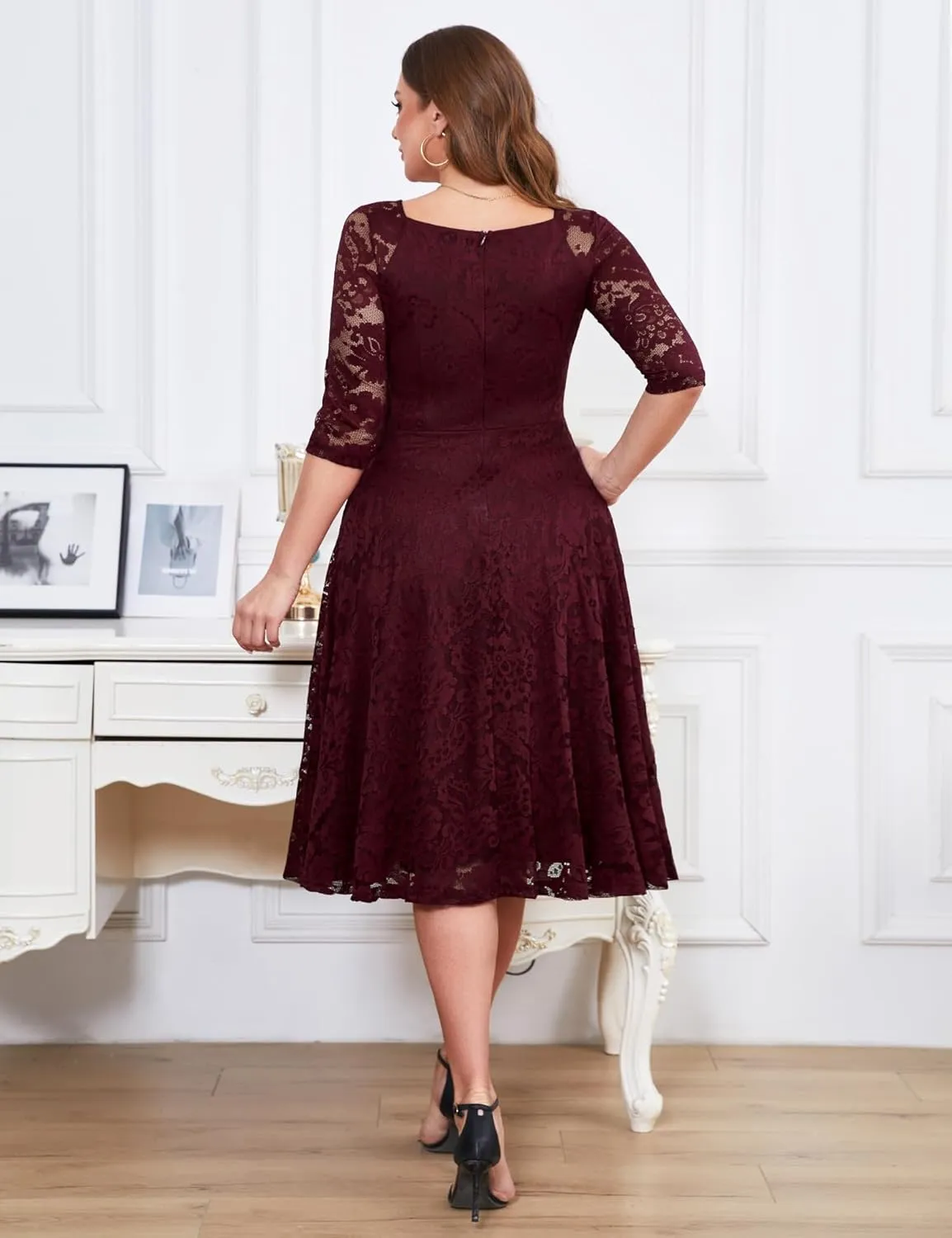 Dressystar Womens Long-Sleeve Wedding Guest Dress A-Line Lace Formal Party Cocktail Midi Dress Prom Gown