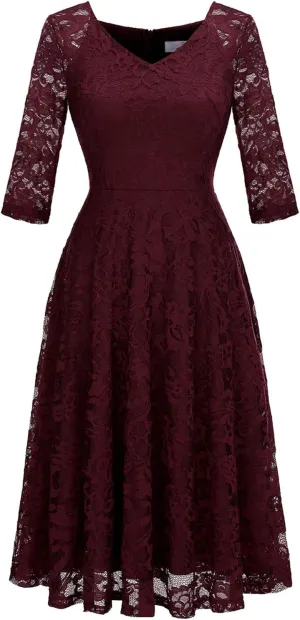 Dressystar Womens Long-Sleeve Wedding Guest Dress A-Line Lace Formal Party Cocktail Midi Dress Prom Gown