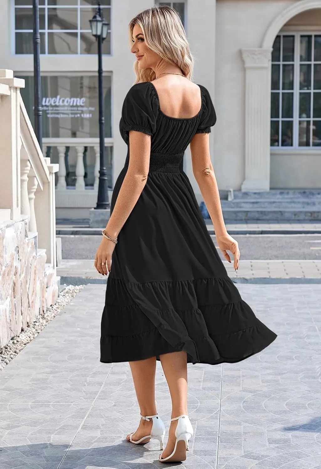 Duigluw Dresses for Women 2025 Casual Summer Short Puff Sleeve Square Neck A-Line Flared Dress