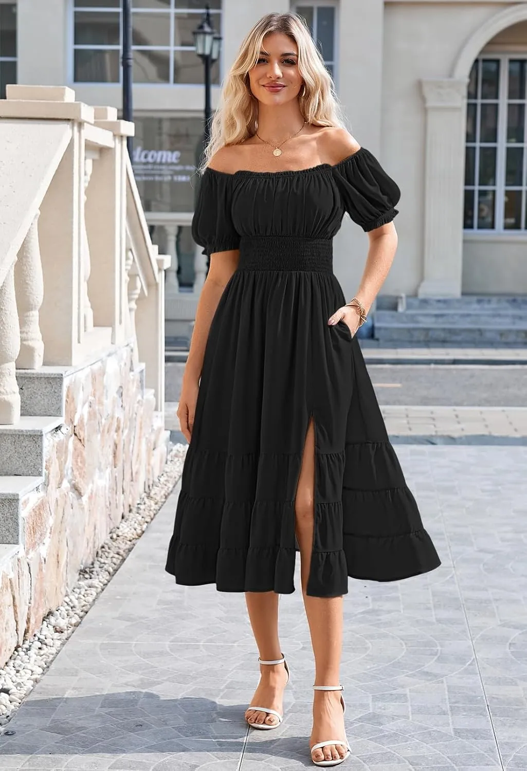 Duigluw Dresses for Women 2025 Casual Summer Short Puff Sleeve Square Neck A-Line Flared Dress