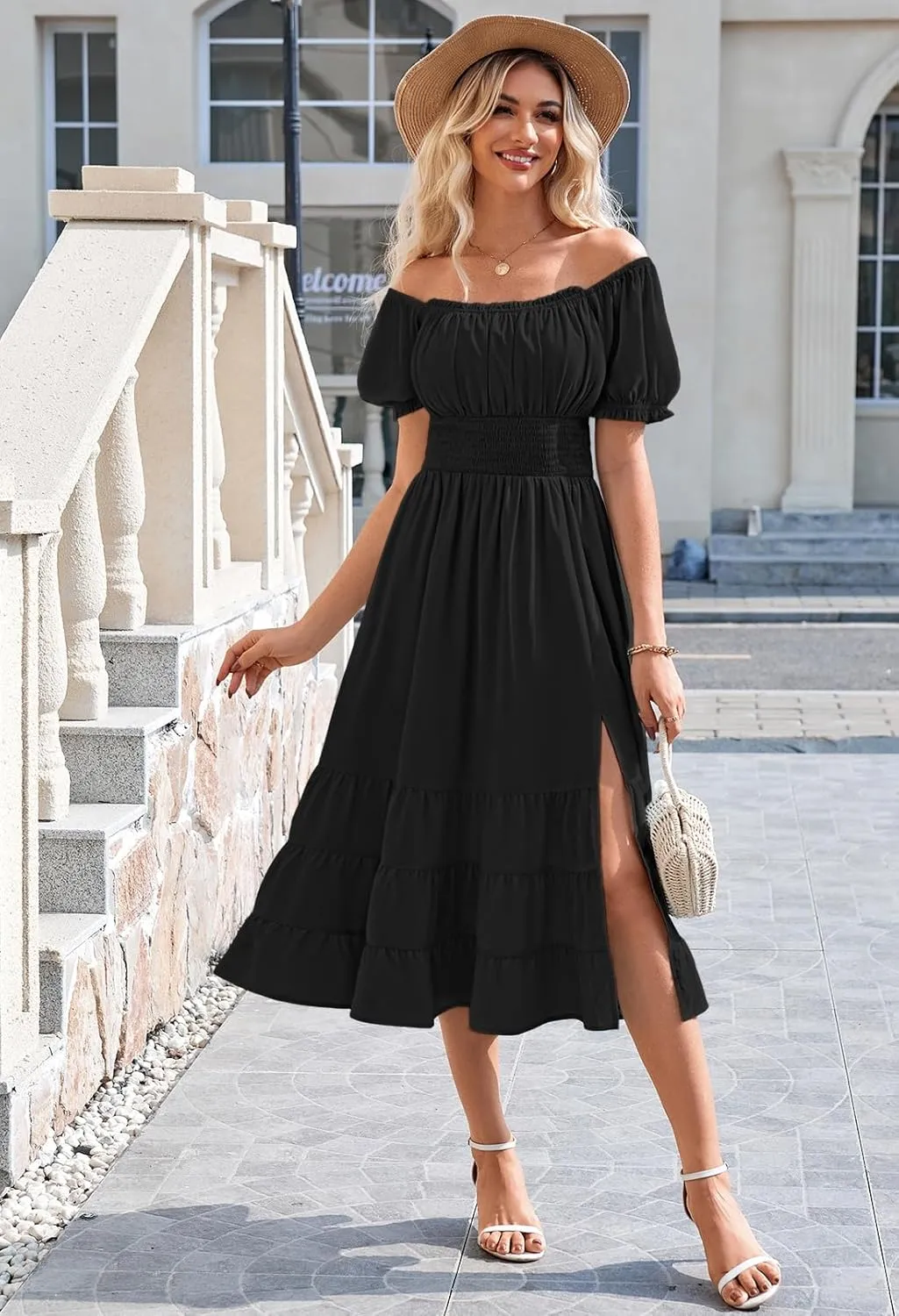 Duigluw Dresses for Women 2025 Casual Summer Short Puff Sleeve Square Neck A-Line Flared Dress