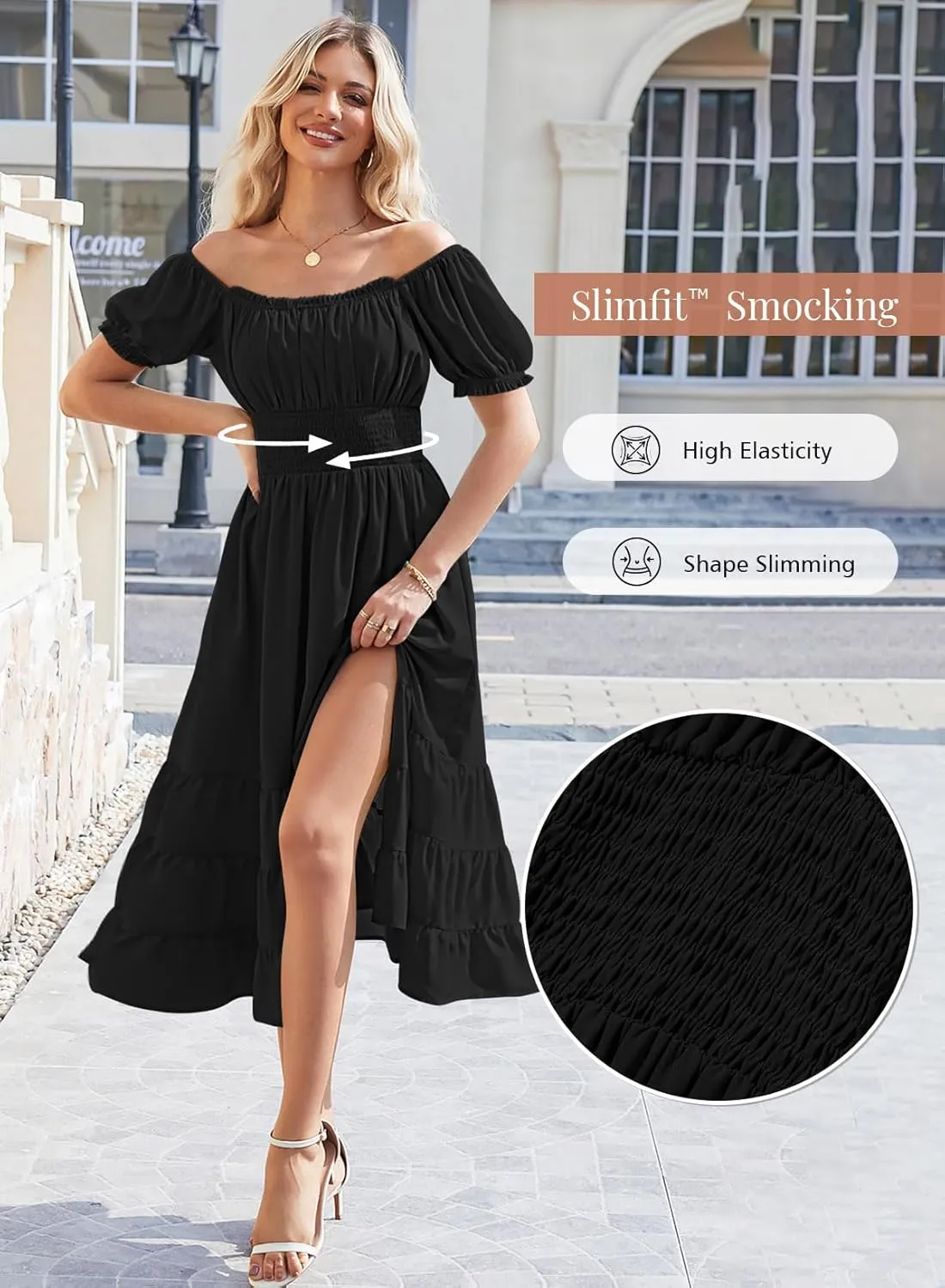 Duigluw Dresses for Women 2025 Casual Summer Short Puff Sleeve Square Neck A-Line Flared Dress