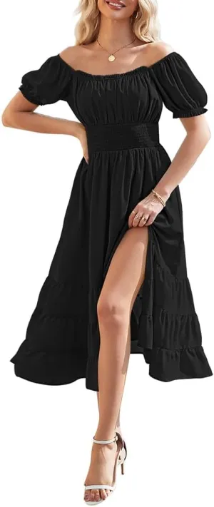 Duigluw Dresses for Women 2025 Casual Summer Short Puff Sleeve Square Neck A-Line Flared Dress