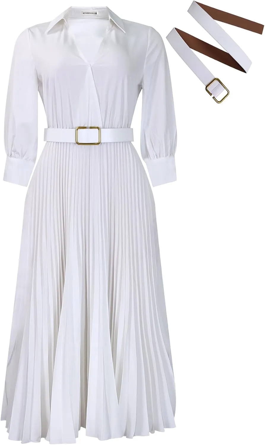 Ecirod Womens Wrap V Neck Pleated Midi Dress Casual Plus Size Long Sleeve Wedding Guest A Line Dresses with Belt