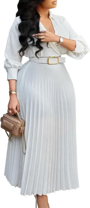 Ecirod Womens Wrap V Neck Pleated Midi Dress Casual Plus Size Long Sleeve Wedding Guest A Line Dresses with Belt