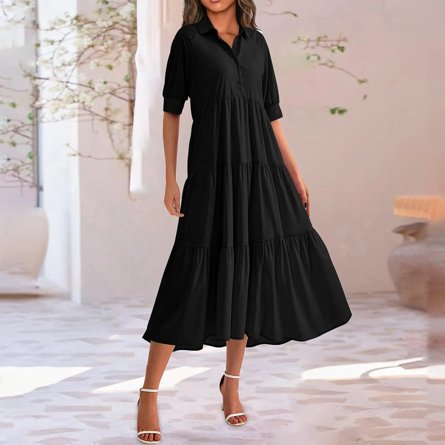 Eduavar Midi Dresses for Women 2024 Summer Elegant Dresses for Women Floral Print Short Sleeve Flowy Midi Dress with Pockets