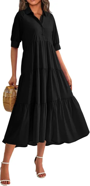 Eduavar Midi Dresses for Women 2024 Summer Elegant Dresses for Women Floral Print Short Sleeve Flowy Midi Dress with Pockets
