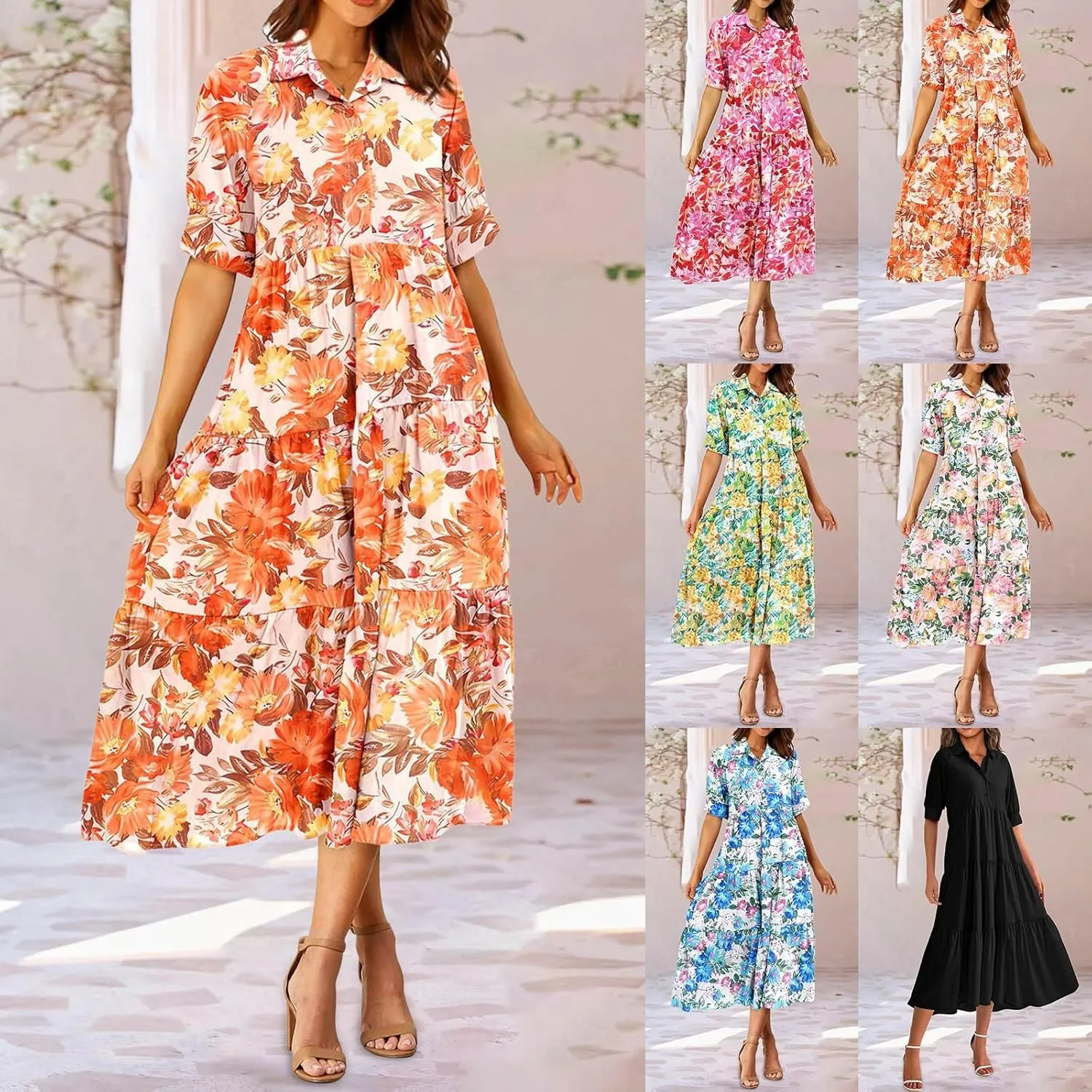 Eduavar Midi Dresses for Women 2024 Summer Elegant Dresses for Women Floral Print Short Sleeve Flowy Midi Dress with Pockets