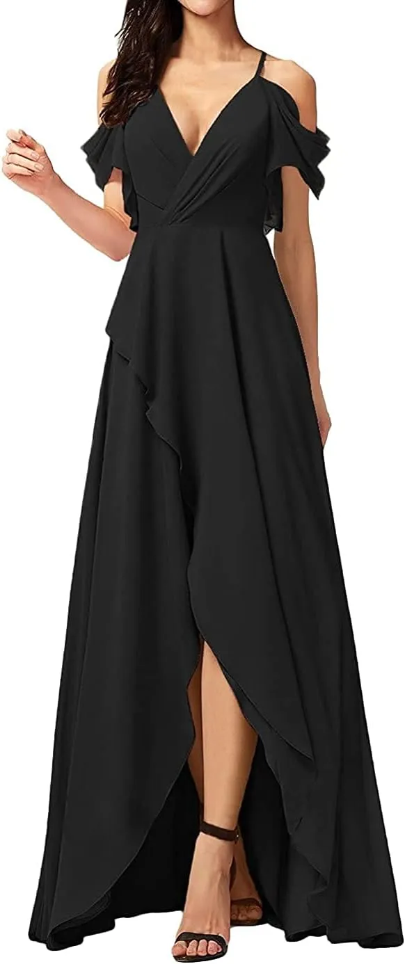 EEFZL Women's V-Neck Long Bridesmaid Dresses Chiffon A-line Slit Formal Evening Gown with Ruffle Sleeves