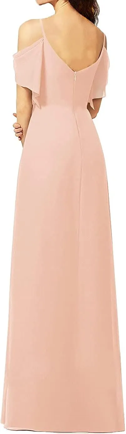 EEFZL Women's V-Neck Long Bridesmaid Dresses Chiffon A-line Slit Formal Evening Gown with Ruffle Sleeves