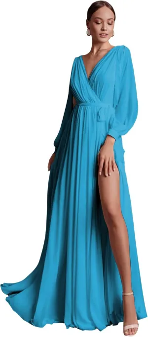 Elegant Bridesmaid Dresses with Sash Slit Long Sleeves V Neck A Line Chiffon Formal Gowns and Evening Dresses