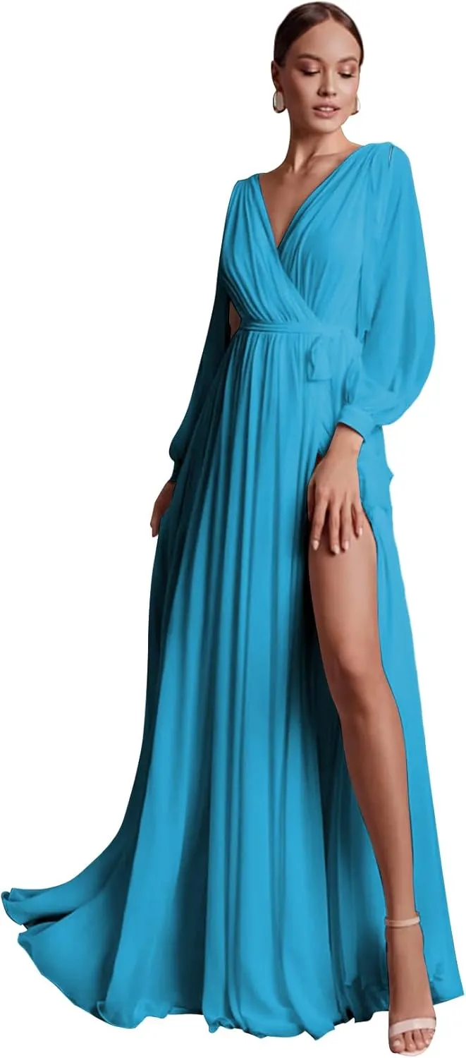 Elegant Bridesmaid Dresses with Sash Slit Long Sleeves V Neck A Line Chiffon Formal Gowns and Evening Dresses
