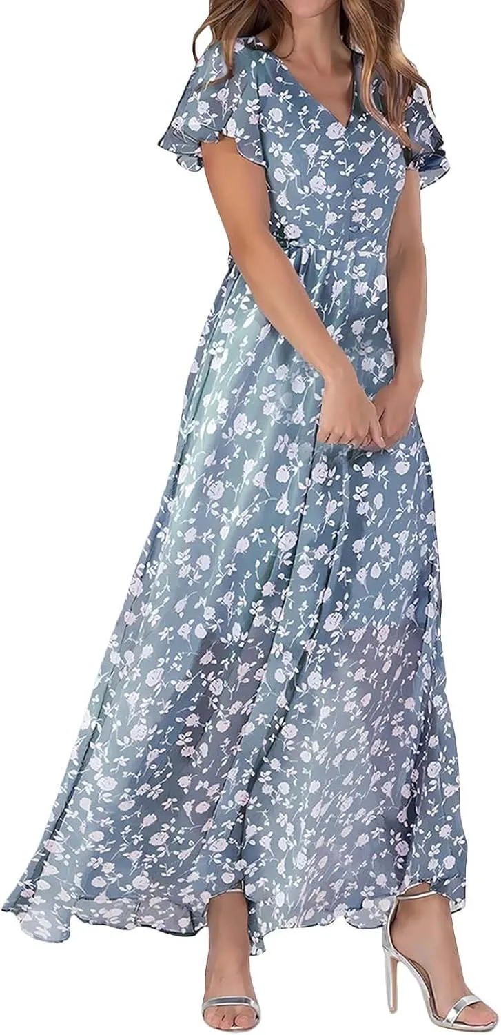 Elegant Dresses for Women 2024 Floral Print Ruffle Short Sleeve A-Line Dress Trendy V Neck High Waist Maxi Dress