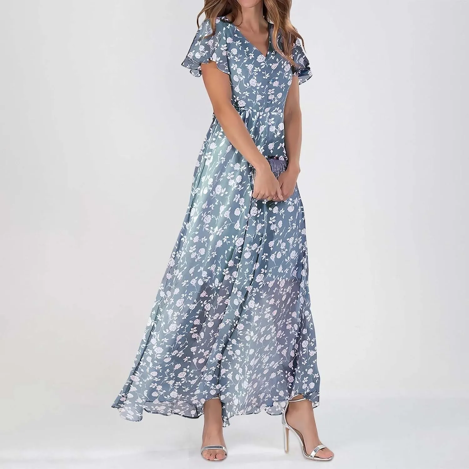 Elegant Dresses for Women 2024 Floral Print Ruffle Short Sleeve A-Line Dress Trendy V Neck High Waist Maxi Dress