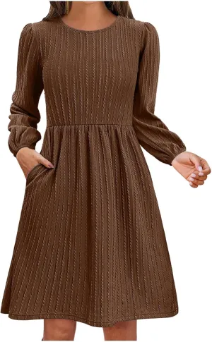 Elegant Dresses for Women Long Sleeve Crewneck Causal Empire Waist Ruffle Dress with Pockets Fashion Work Midi Dress