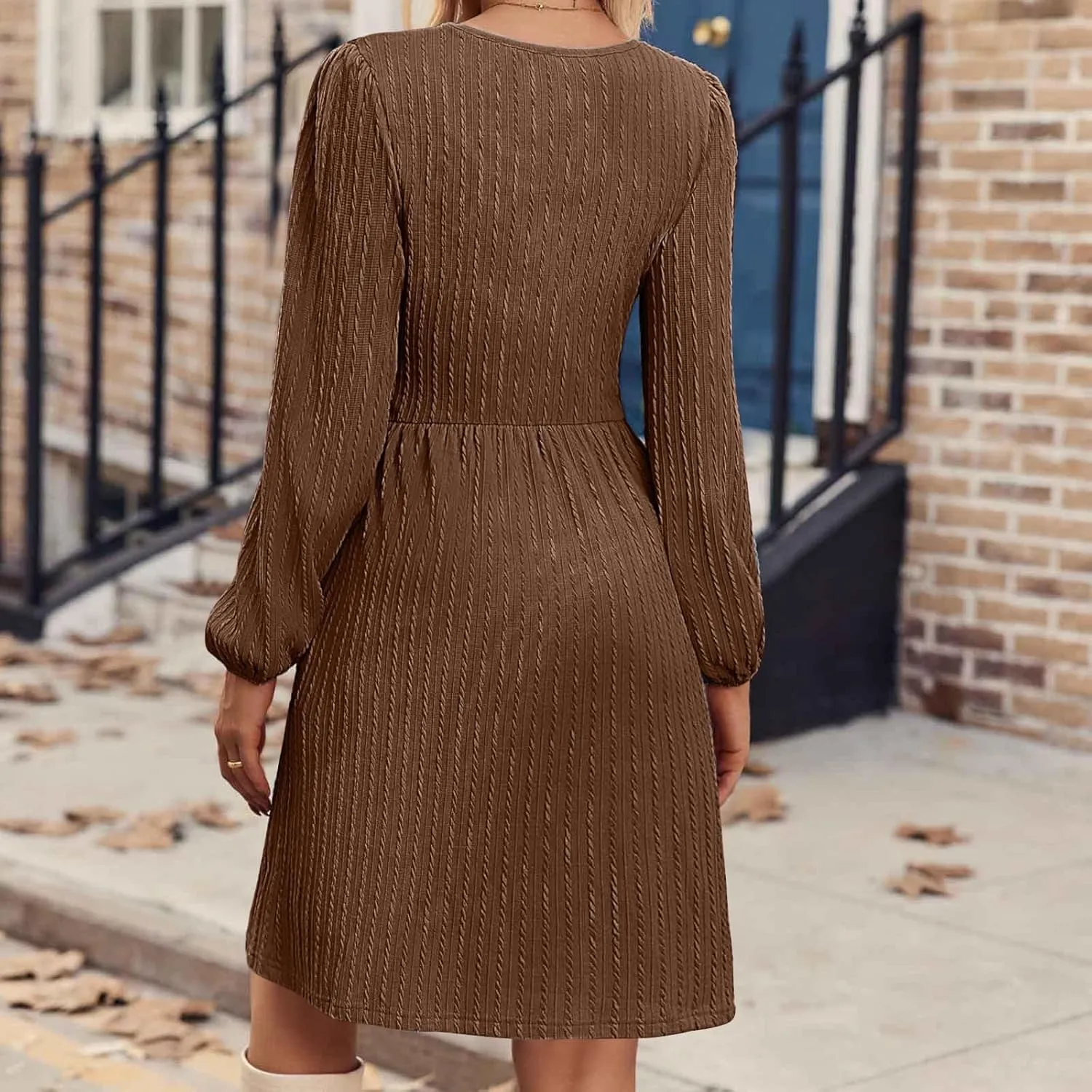Elegant Dresses for Women Long Sleeve Crewneck Causal Empire Waist Ruffle Dress with Pockets Fashion Work Midi Dress