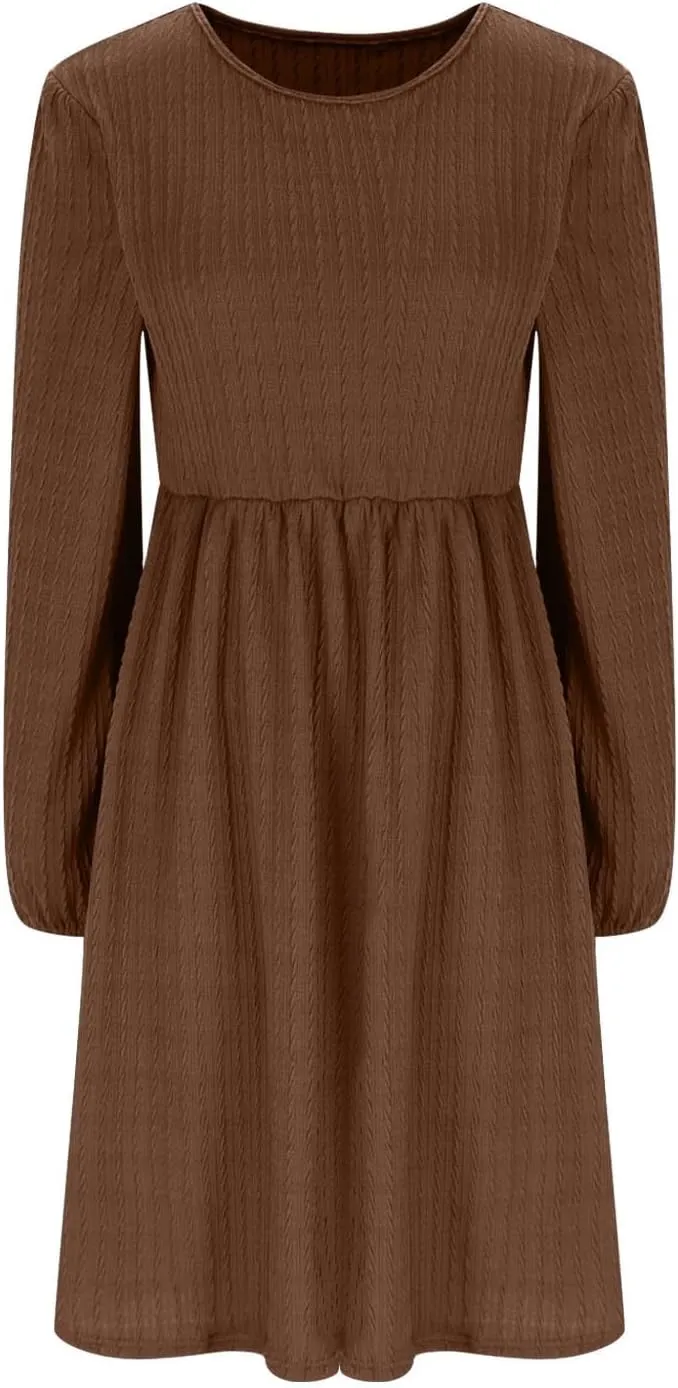 Elegant Dresses for Women Long Sleeve Crewneck Causal Empire Waist Ruffle Dress with Pockets Fashion Work Midi Dress