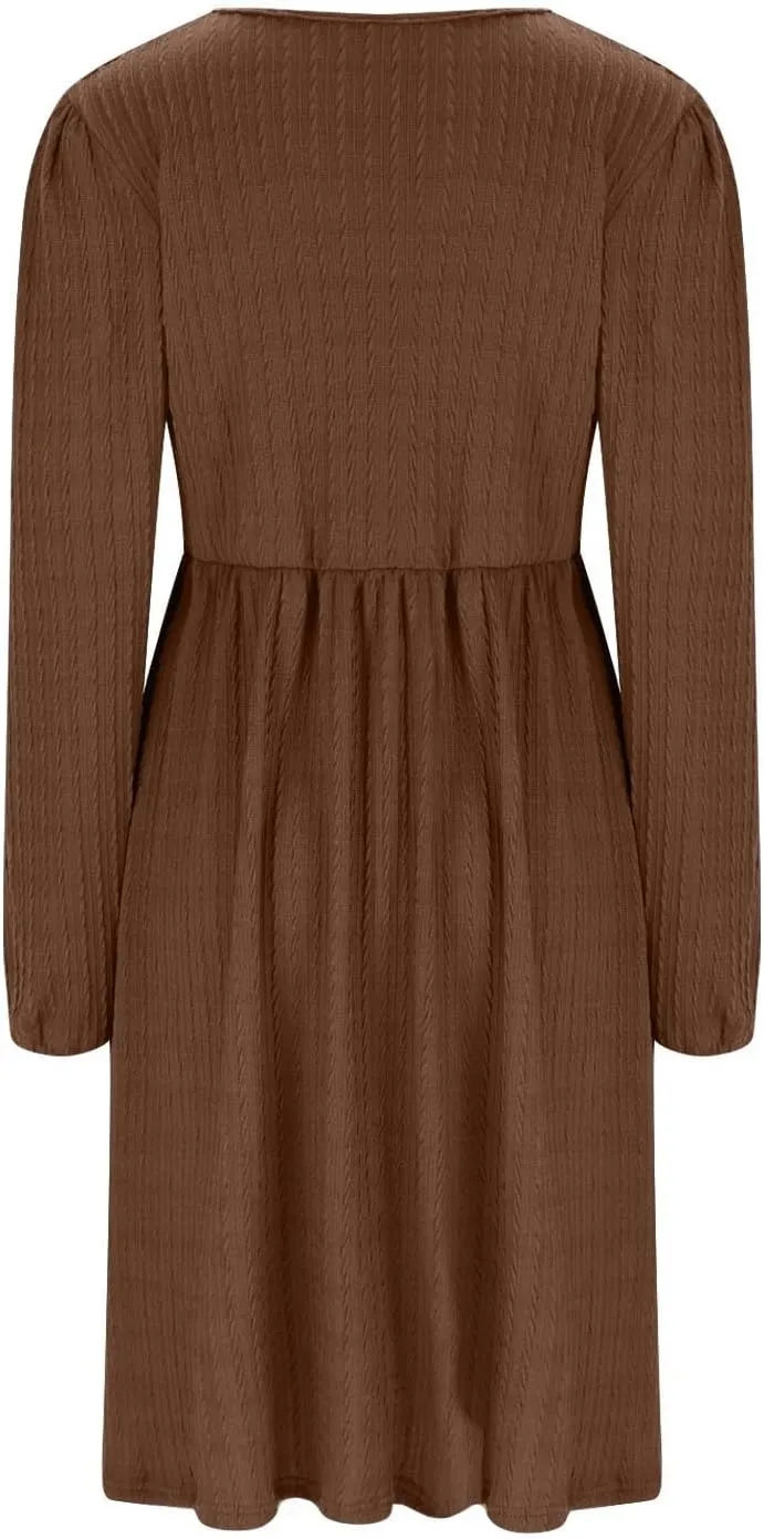 Elegant Dresses for Women Long Sleeve Crewneck Causal Empire Waist Ruffle Dress with Pockets Fashion Work Midi Dress