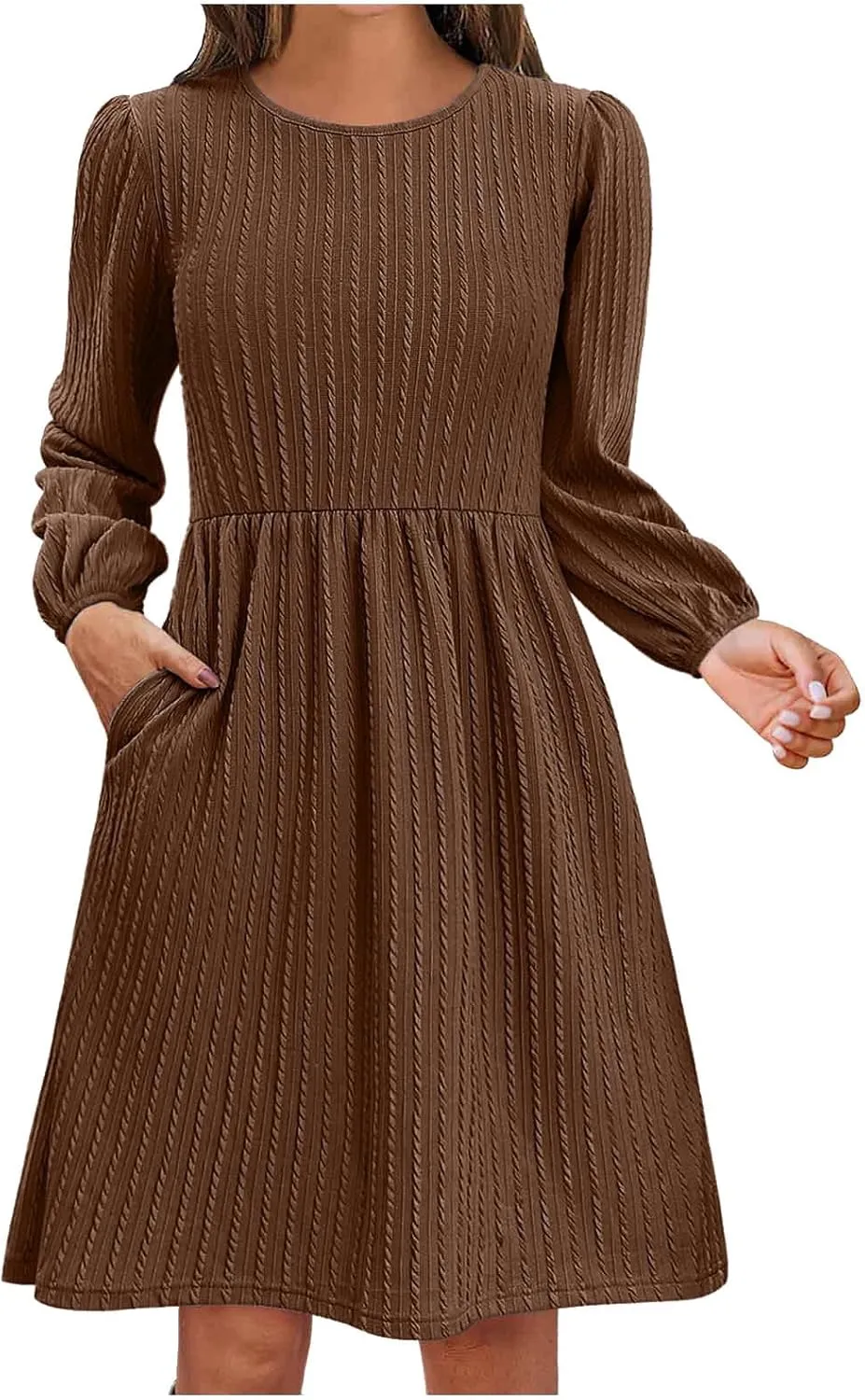 Elegant Dresses for Women Long Sleeve Crewneck Causal Empire Waist Ruffle Dress with Pockets Fashion Work Midi Dress