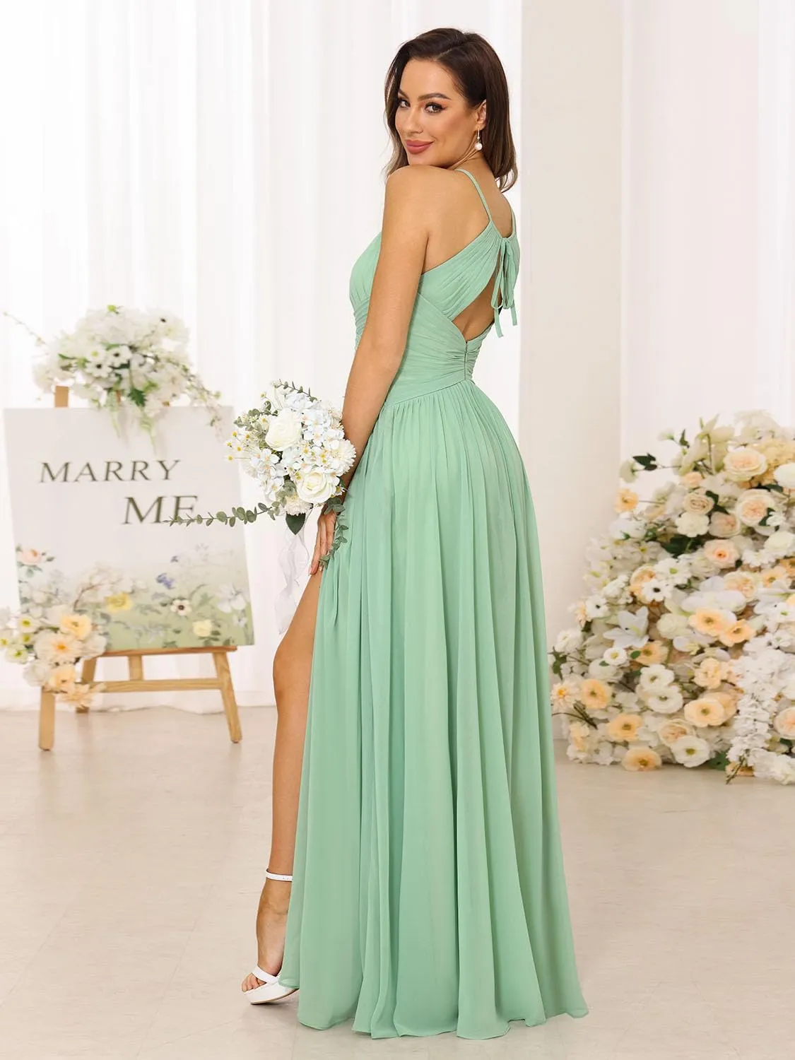 Elegant Halter 2024 Bridesmaid Dresses Long with Slit Pleated Sleeveless A Line Formal Party Dress for Women DN49