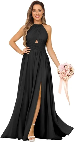 Elegant Halter 2024 Bridesmaid Dresses Long with Slit Pleated Sleeveless A Line Formal Party Dress for Women DN49
