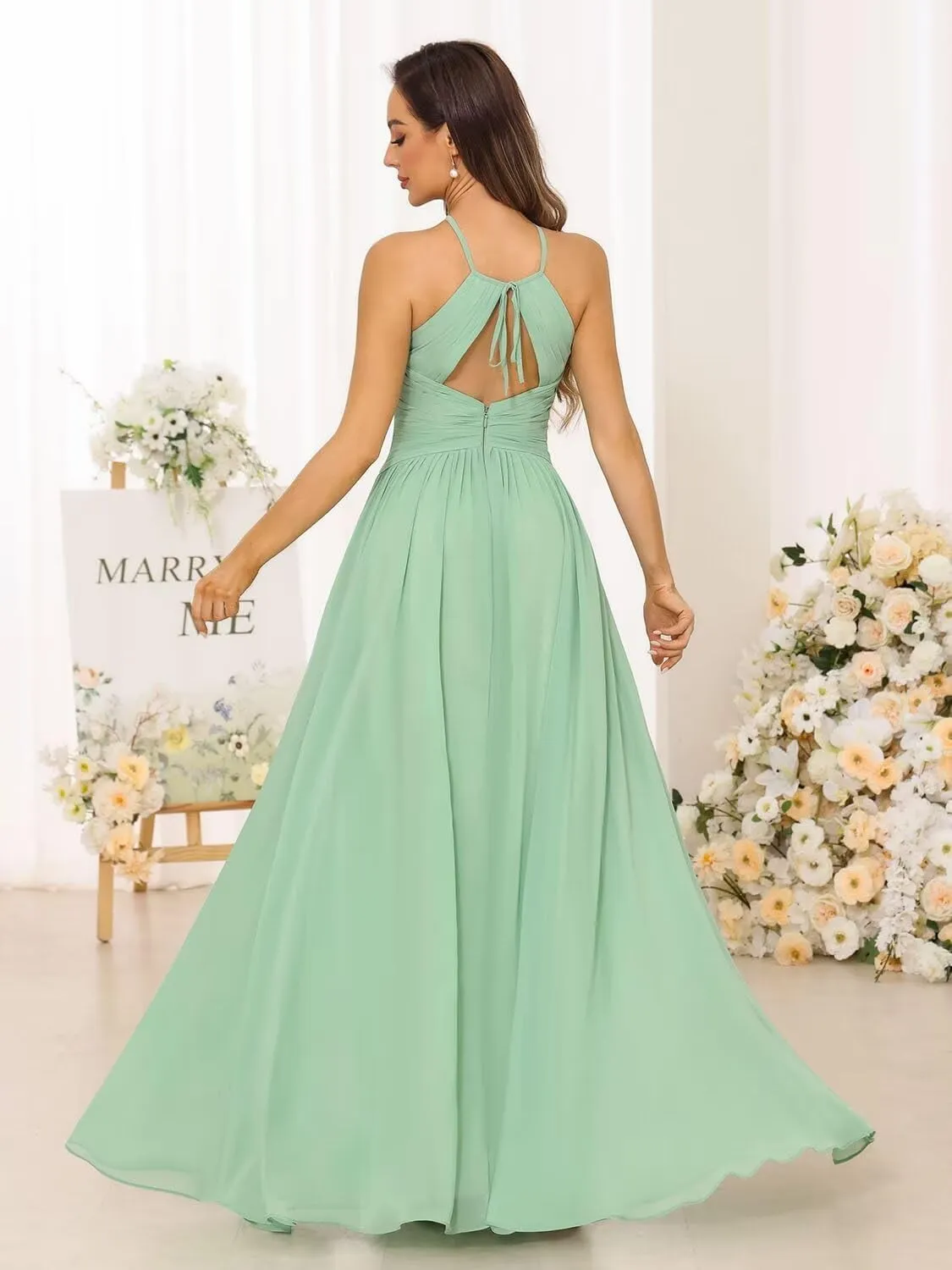 Elegant Halter 2024 Bridesmaid Dresses Long with Slit Pleated Sleeveless A Line Formal Party Dress for Women DN49