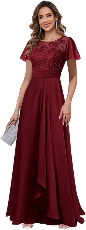 Elegant Mother of The Bride Dresses for Wedding Short Sleeve Lace Chiffon Formal Evening Dress