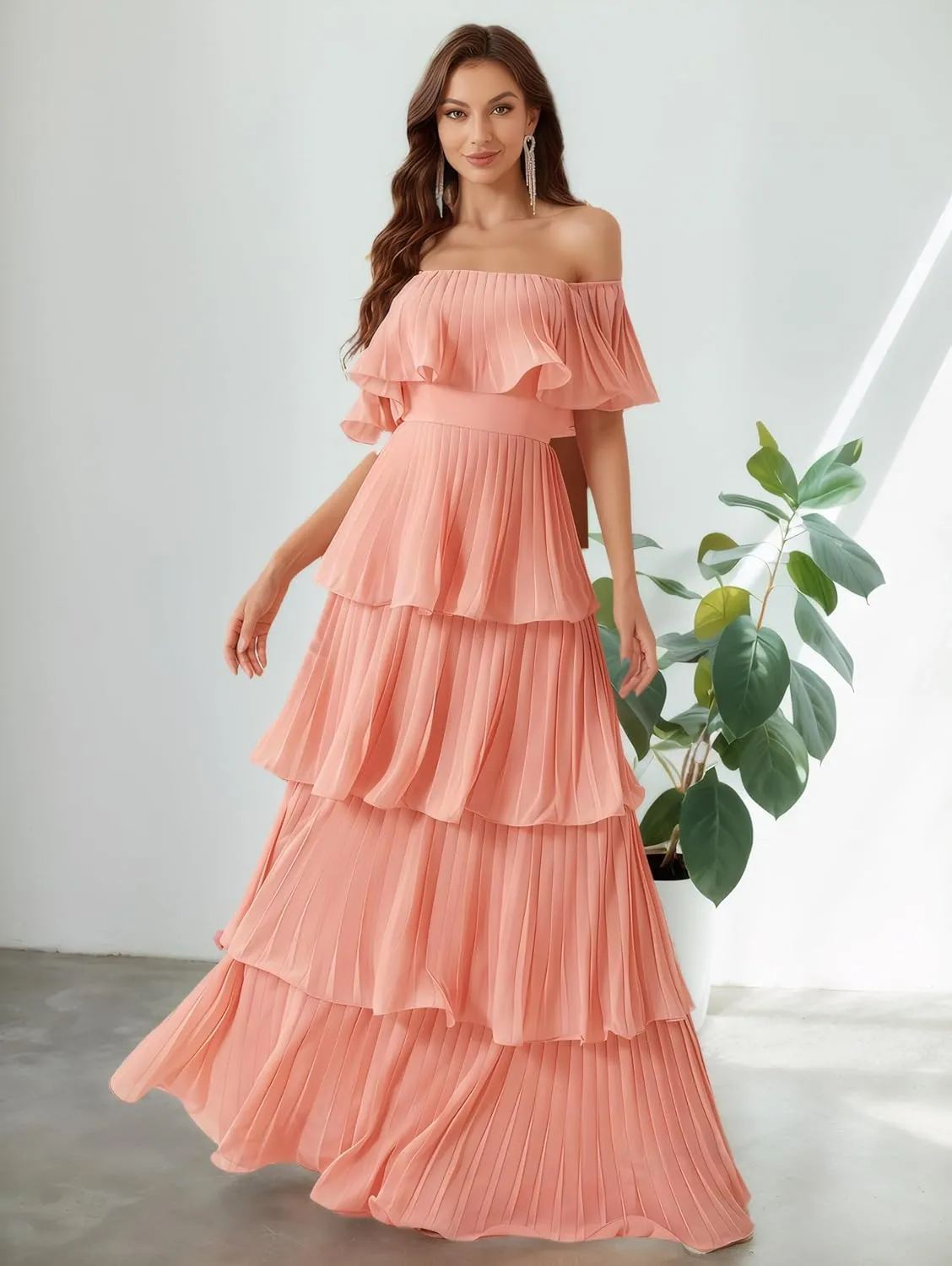 Elegant Off Shoulder Multi-Layer Pleats Large A Swing Dress Formal Evening Prom Wedding Guest Gown