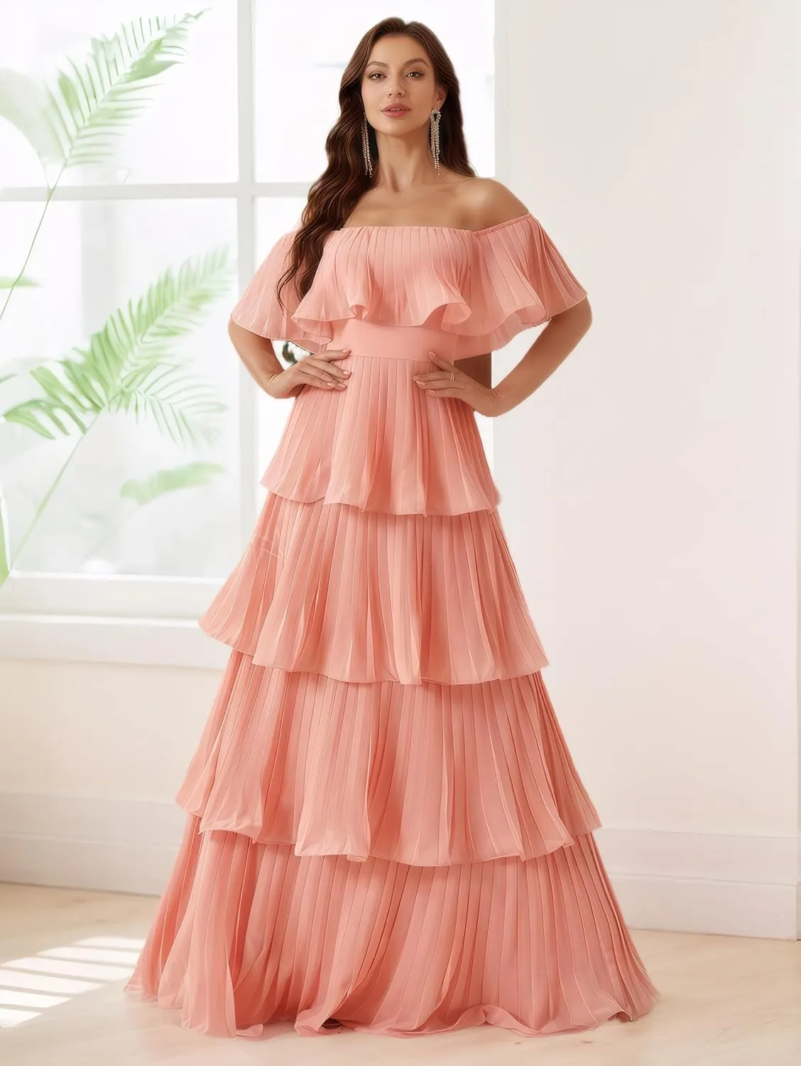 Elegant Off Shoulder Multi-Layer Pleats Large A Swing Dress Formal Evening Prom Wedding Guest Gown
