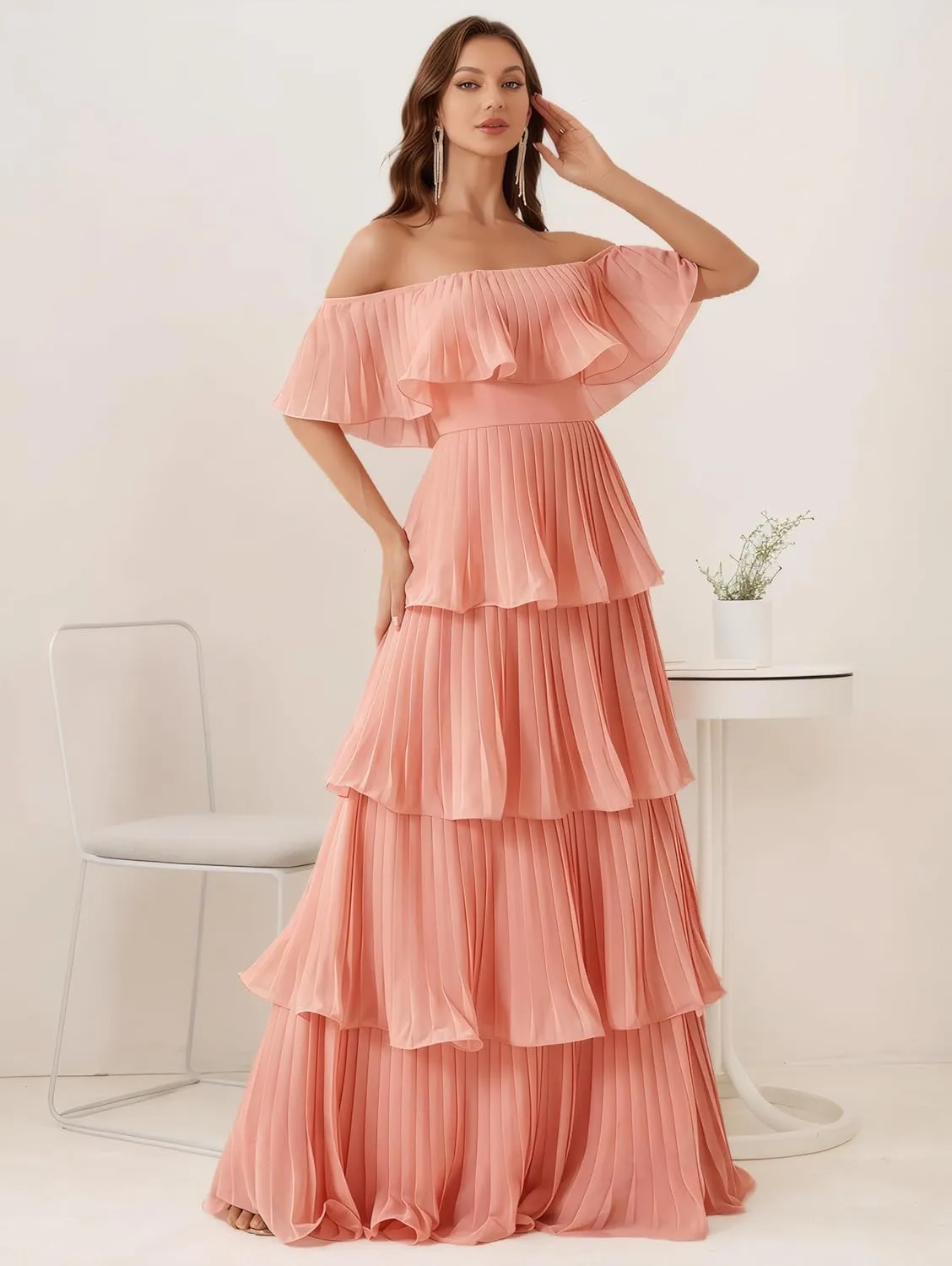 Elegant Off Shoulder Multi-Layer Pleats Large A Swing Dress Formal Evening Prom Wedding Guest Gown
