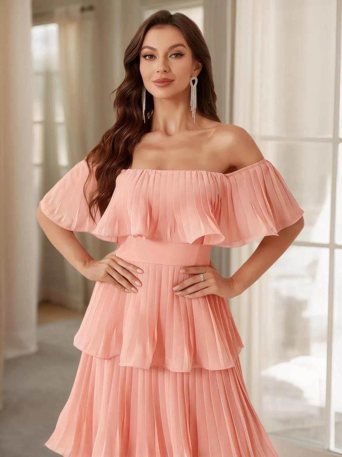 Elegant Off Shoulder Multi-Layer Pleats Large A Swing Dress Formal Evening Prom Wedding Guest Gown