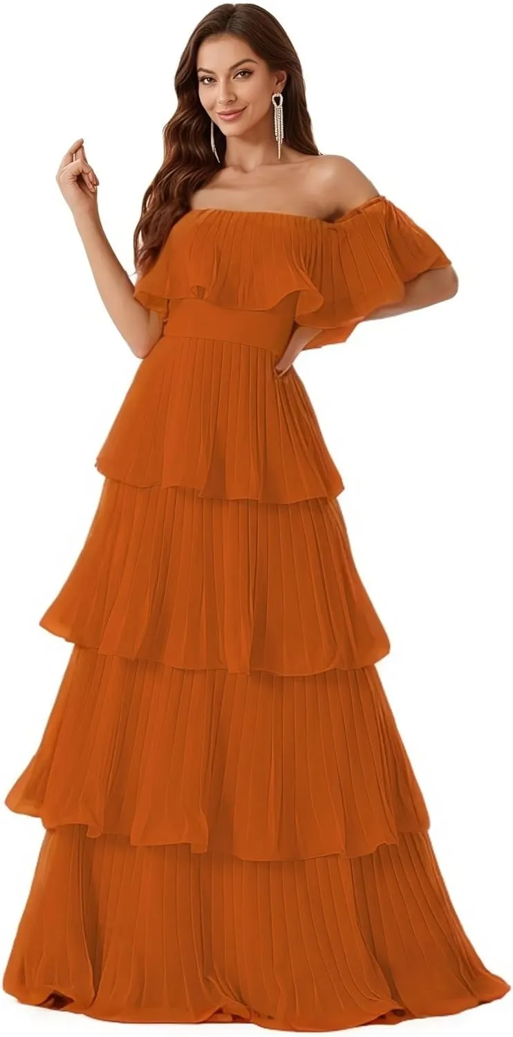 Elegant Off Shoulder Multi-Layer Pleats Large A Swing Dress Formal Evening Prom Wedding Guest Gown