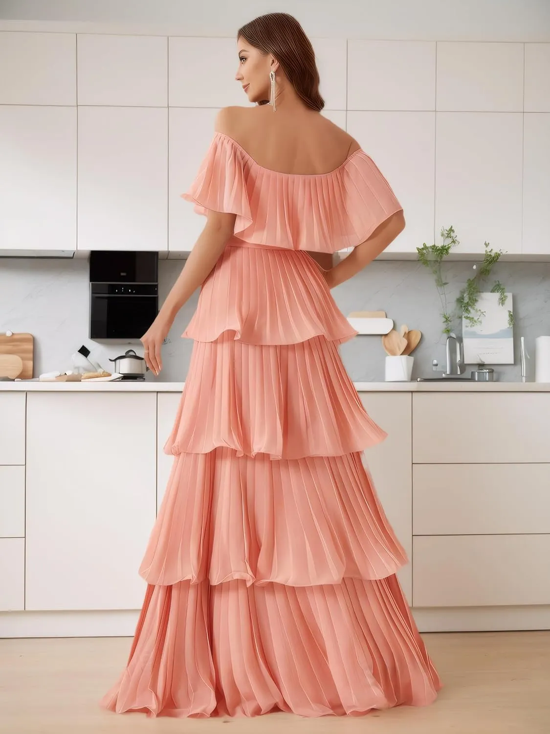 Elegant Off Shoulder Multi-Layer Pleats Large A Swing Dress Formal Evening Prom Wedding Guest Gown
