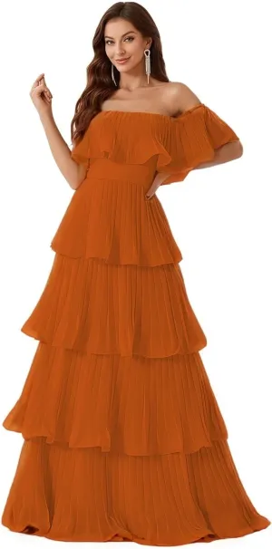 Elegant Off Shoulder Multi-Layer Pleats Large A Swing Dress Formal Evening Prom Wedding Guest Gown