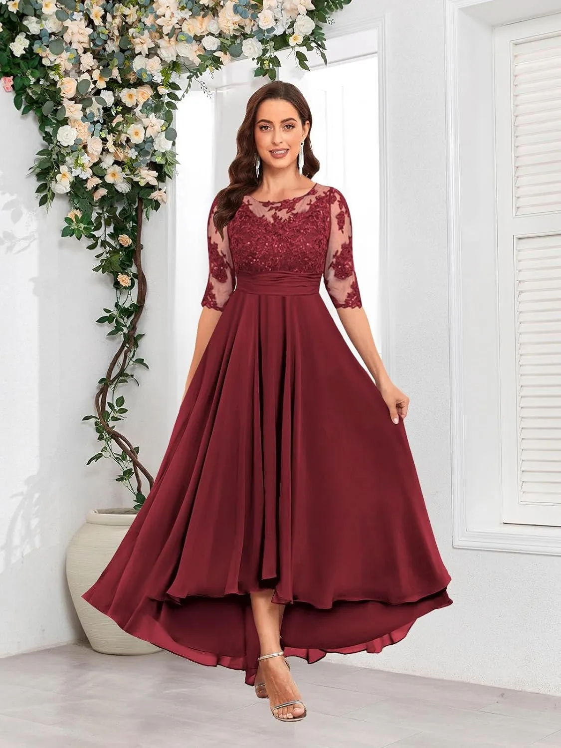 Elegant Tea Length Mother of The Bride Dresses 3/4 Sleeve Boat Neck Lace Chiffon Wedding Guest Dress