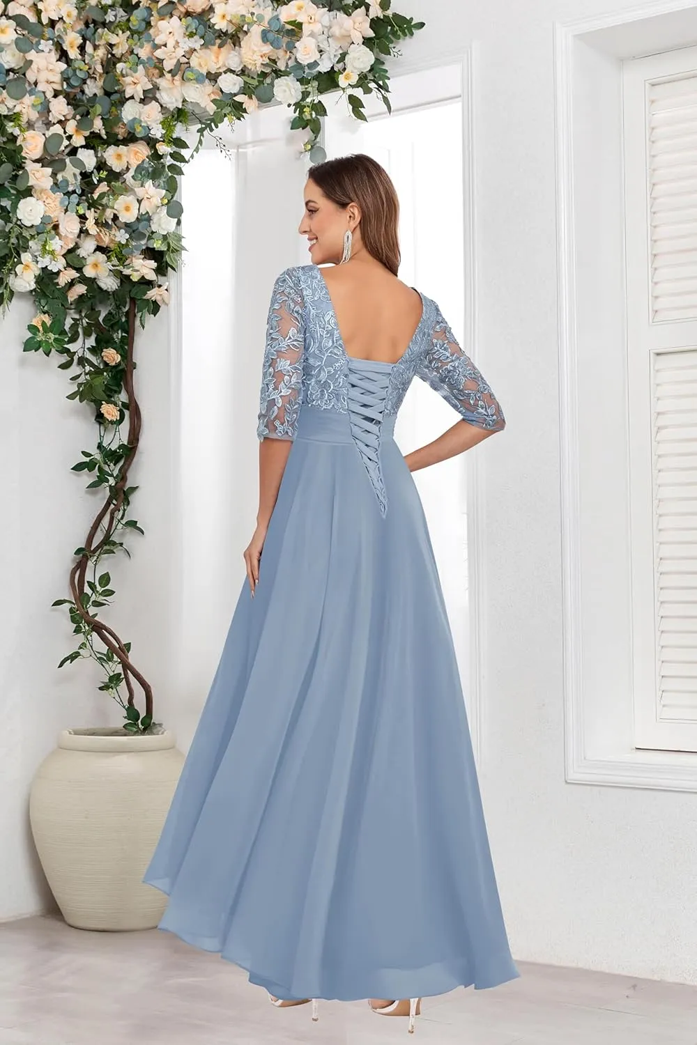 Elegant Tea Length Mother of The Bride Dresses 3/4 Sleeve Boat Neck Lace Chiffon Wedding Guest Dress