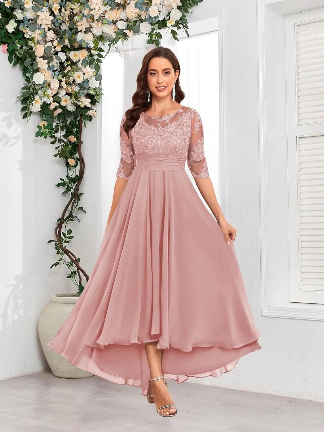Elegant Tea Length Mother of The Bride Dresses 3/4 Sleeve Boat Neck Lace Chiffon Wedding Guest Dress
