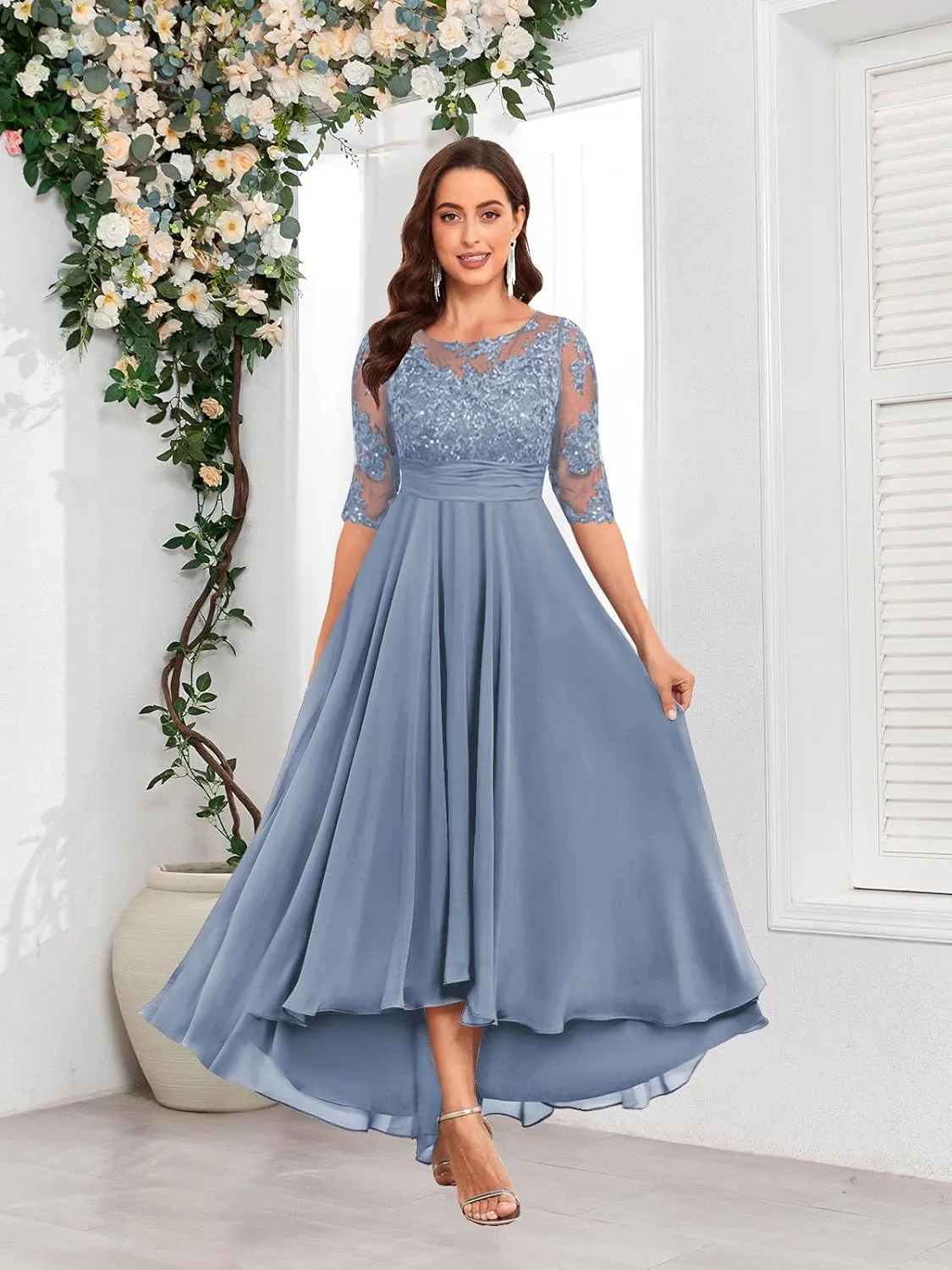 Elegant Tea Length Mother of The Bride Dresses 3/4 Sleeve Boat Neck Lace Chiffon Wedding Guest Dress