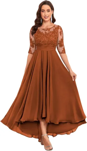 Elegant Tea Length Mother of The Bride Dresses 3/4 Sleeve Boat Neck Lace Chiffon Wedding Guest Dress