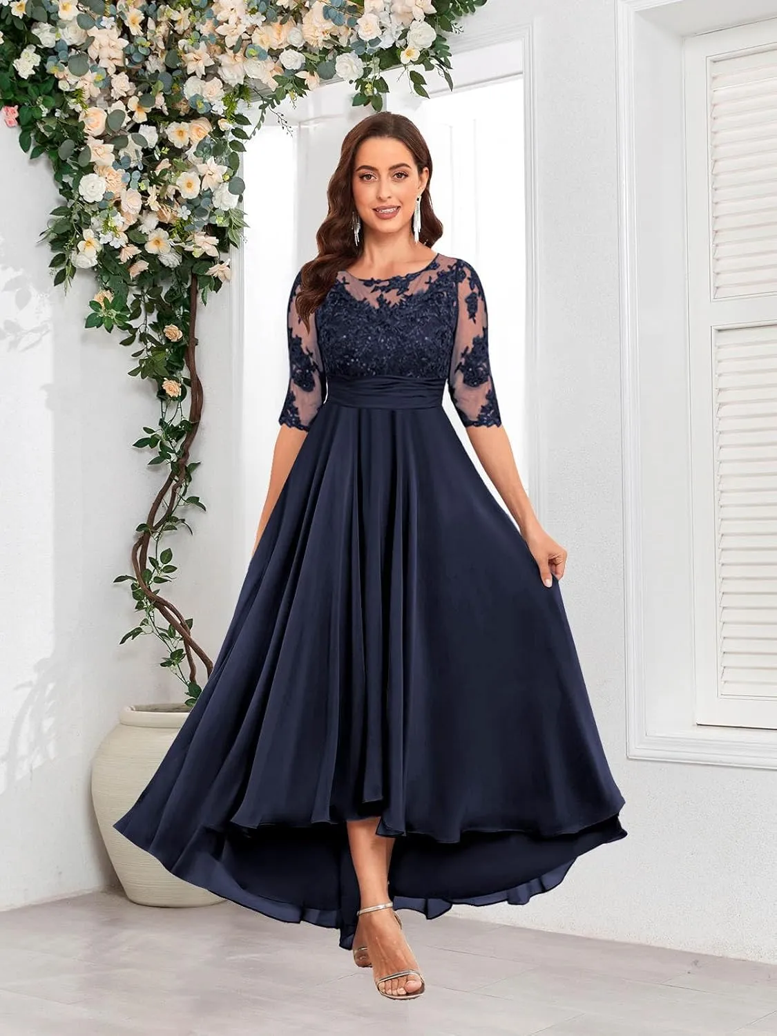 Elegant Tea Length Mother of The Bride Dresses 3/4 Sleeve Boat Neck Lace Chiffon Wedding Guest Dress
