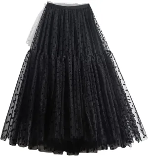 Elegant Women Polka Dot Tulle Skirts Casual Mesh Elastic High Waist A-Line Skirt Party Midi Pleated Skirt