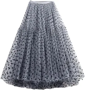 Elegant Women Polka Dot Tulle Skirts Casual Mesh Elastic High Waist A-Line Skirt Party Midi Pleated Skirt