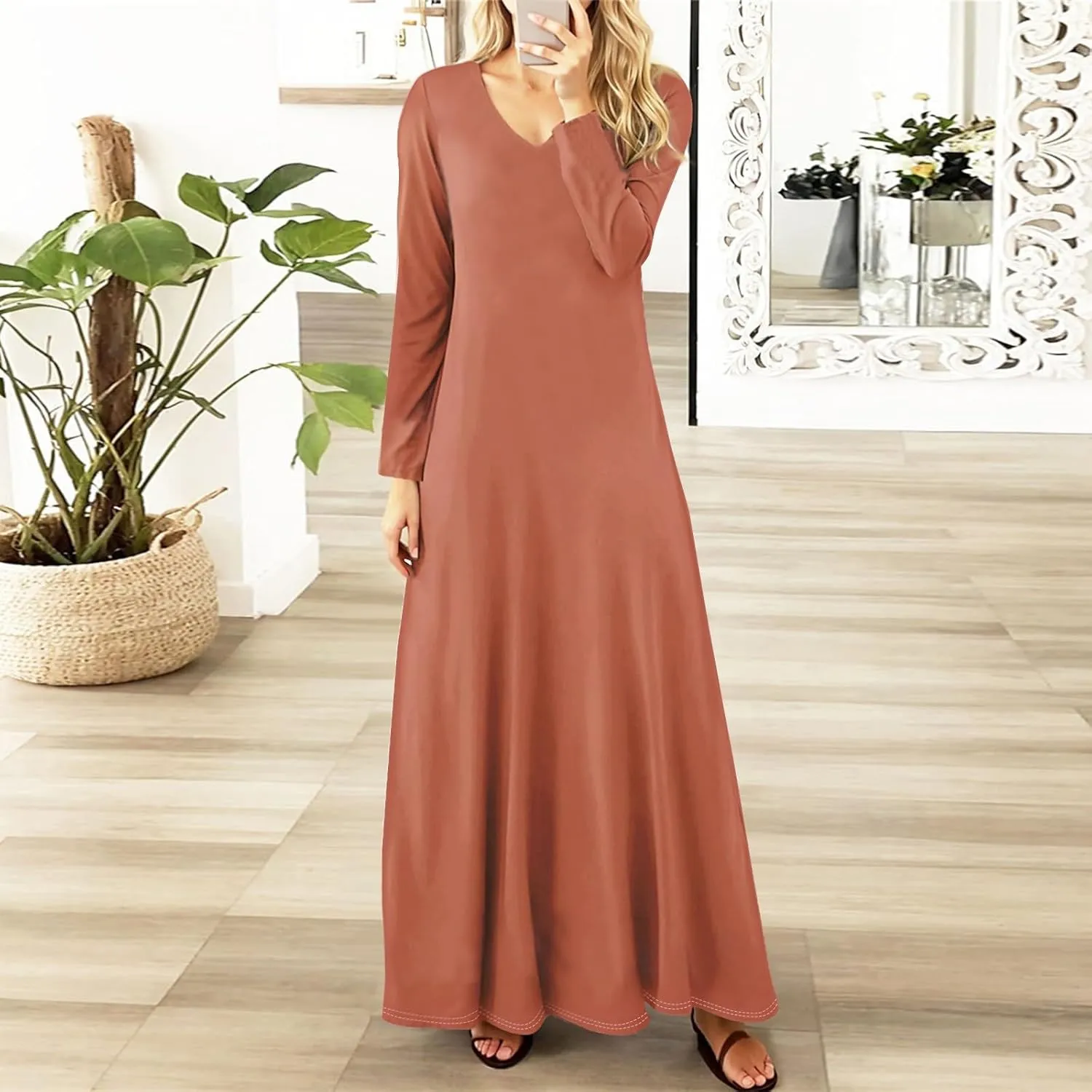 Elegant Women's Long Sleeve V-Neck Maxi Dress, Casual Loose Fit, Soft Red Fabric, Perfect for Summer Outfits
