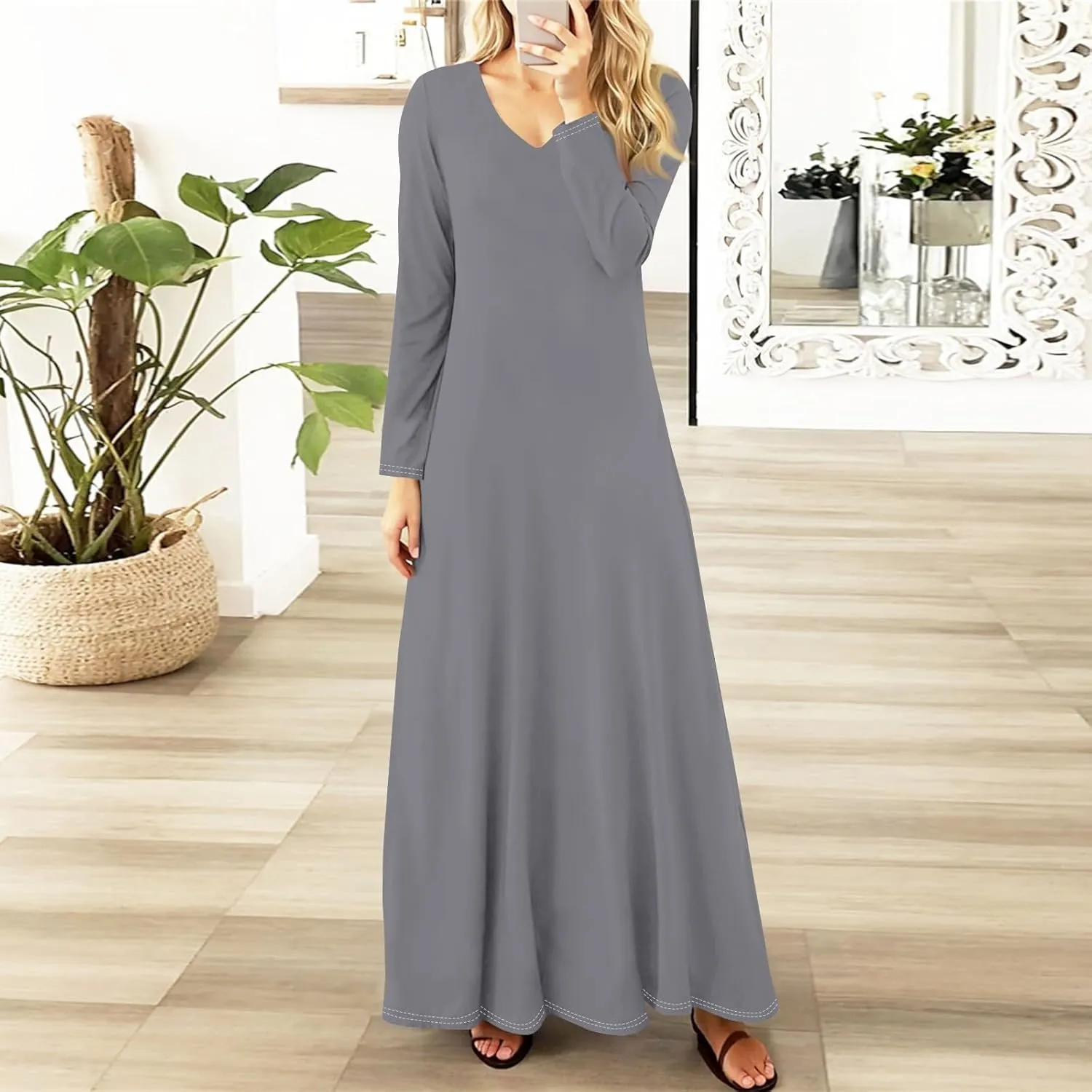 Elegant Women's Long Sleeve V-Neck Maxi Dress, Casual Loose Fit, Soft Red Fabric, Perfect for Summer Outfits