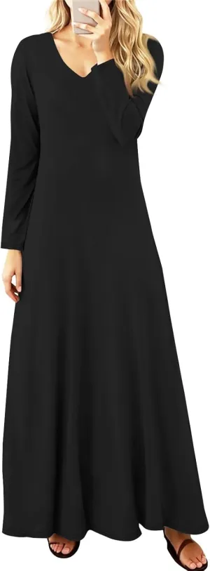 Elegant Women's Long Sleeve V-Neck Maxi Dress, Casual Loose Fit, Soft Red Fabric, Perfect for Summer Outfits