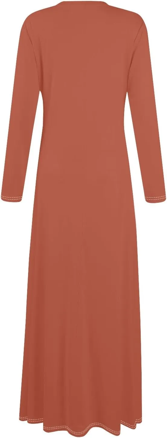 Elegant Women's Long Sleeve V-Neck Maxi Dress, Casual Loose Fit, Soft Red Fabric, Perfect for Summer Outfits