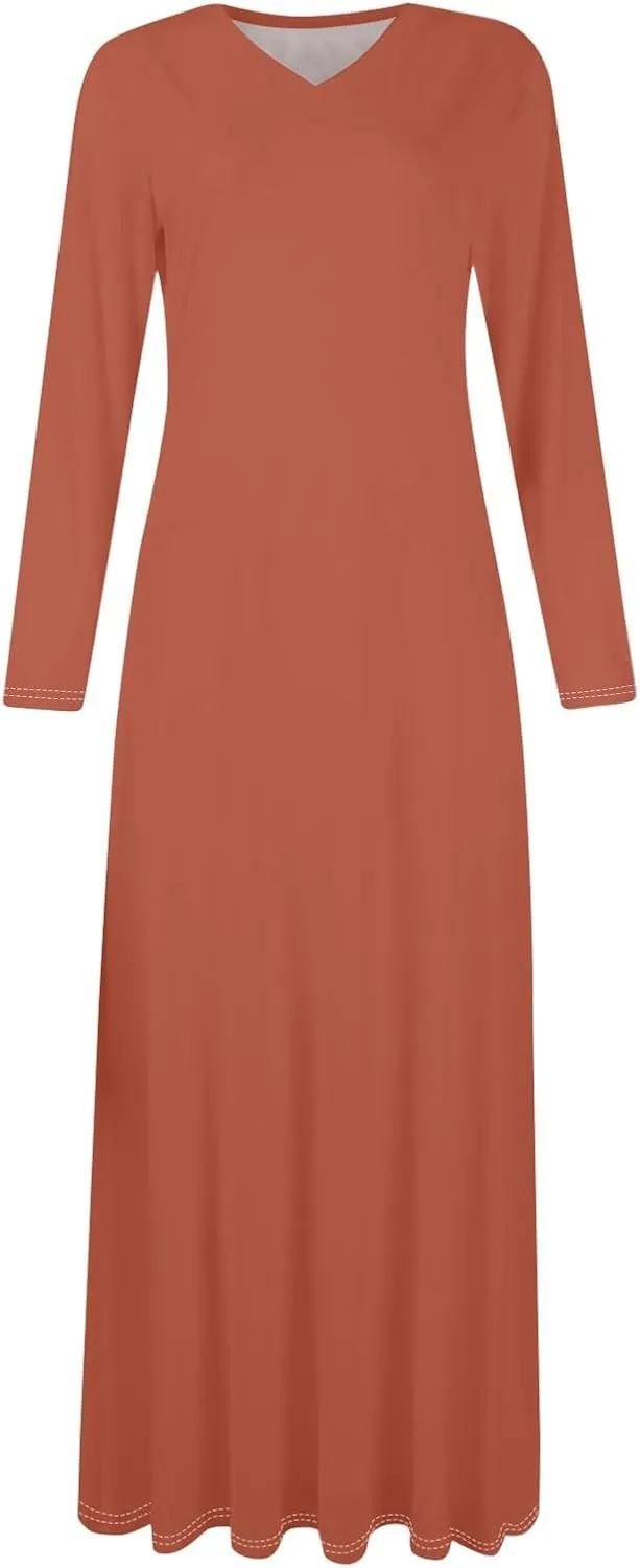 Elegant Women's Long Sleeve V-Neck Maxi Dress, Casual Loose Fit, Soft Red Fabric, Perfect for Summer Outfits