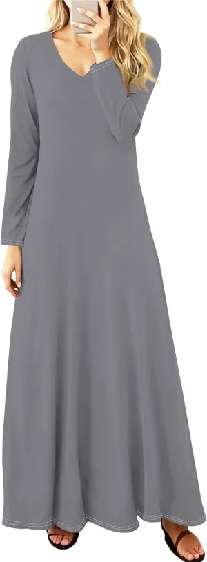 Elegant Women's Long Sleeve V-Neck Maxi Dress, Casual Loose Fit, Soft Red Fabric, Perfect for Summer Outfits